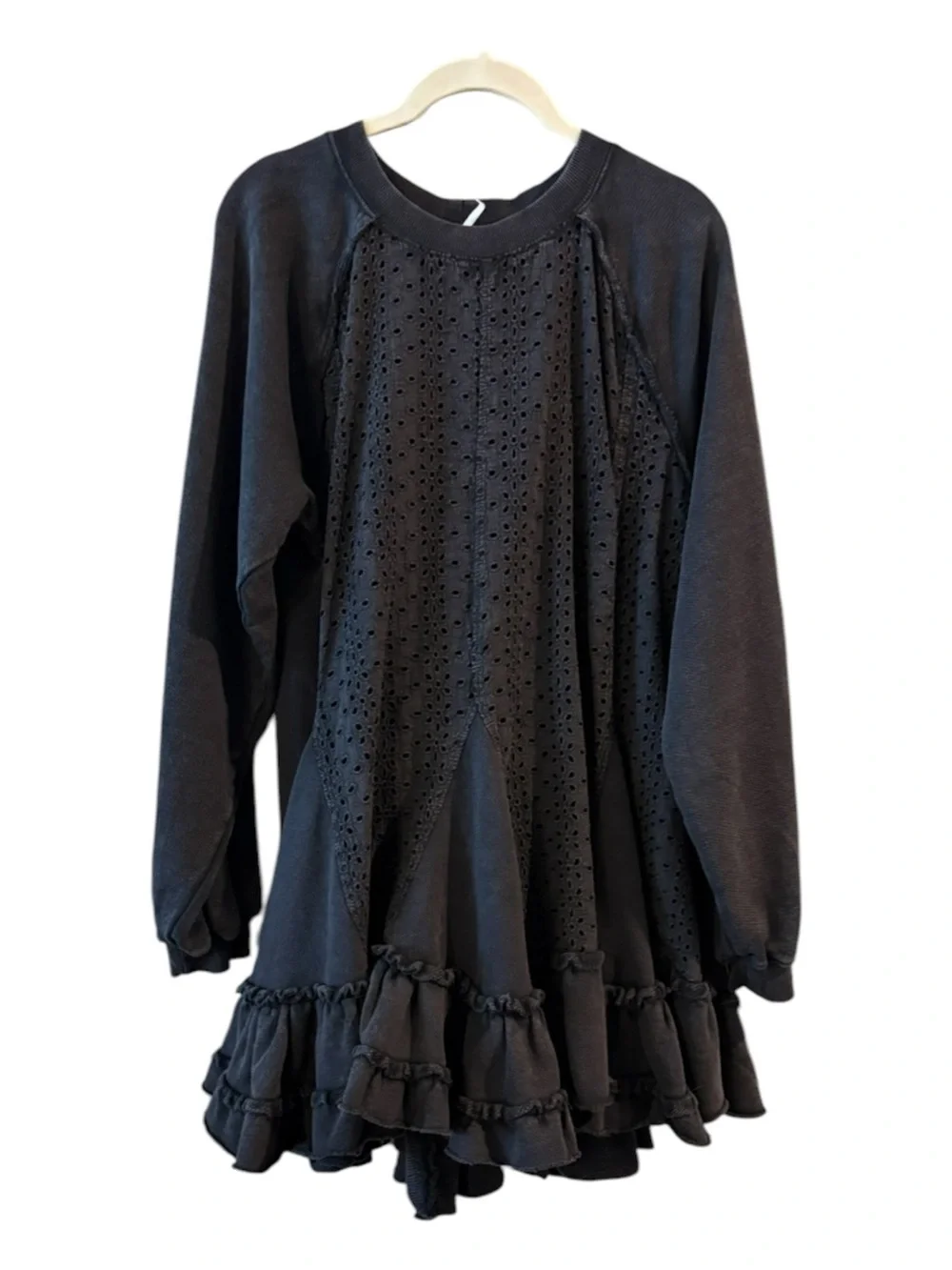 Free People Eva Black Eyelet Ruffle Hem Oversized  Boho Mini Dress Size Medium